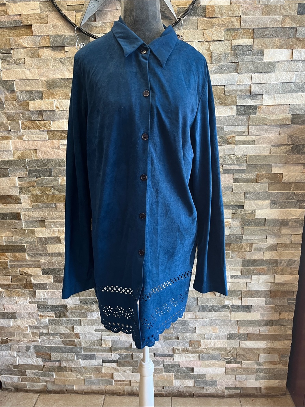 Women's Navy Button-Down Suede-Look Shirt with Laser-Cut Hem